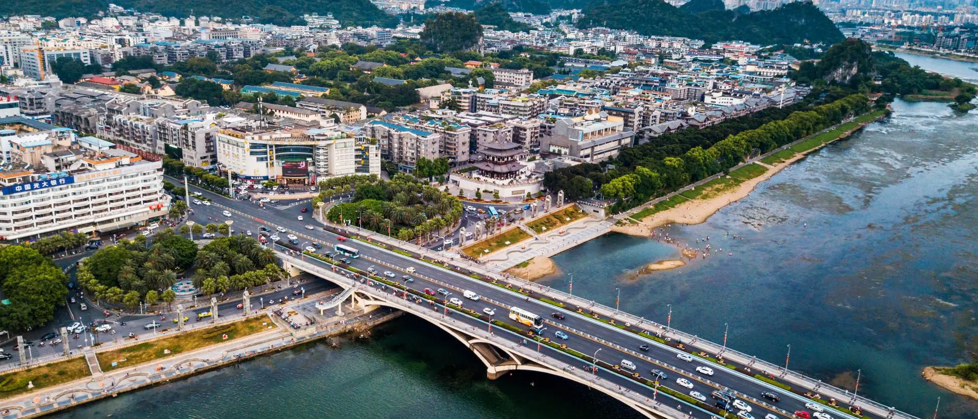 Li River, Guangxi Aerial view of Guilin city in China and famous Li river