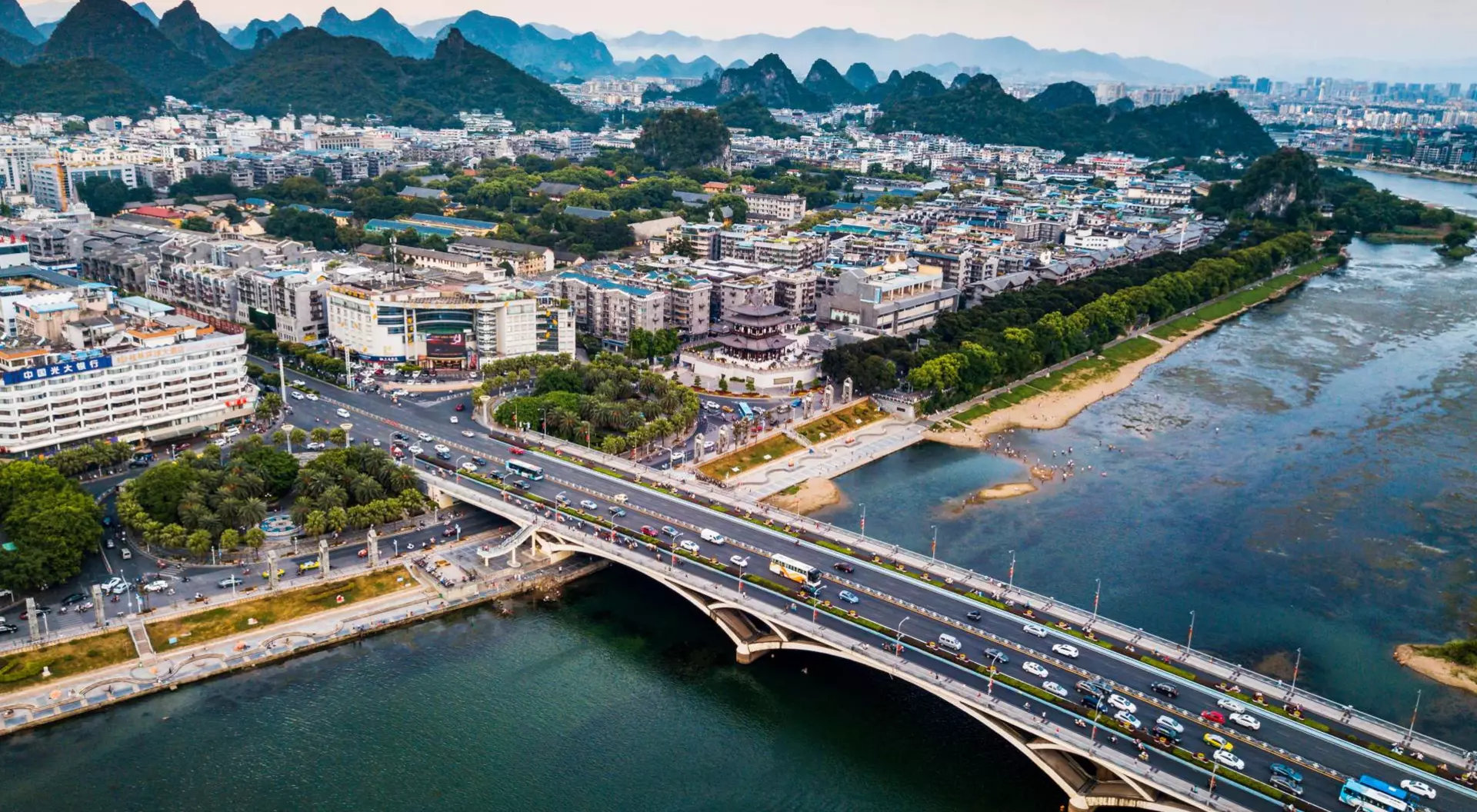 Aerial view of Guilin city in China and famous Li river