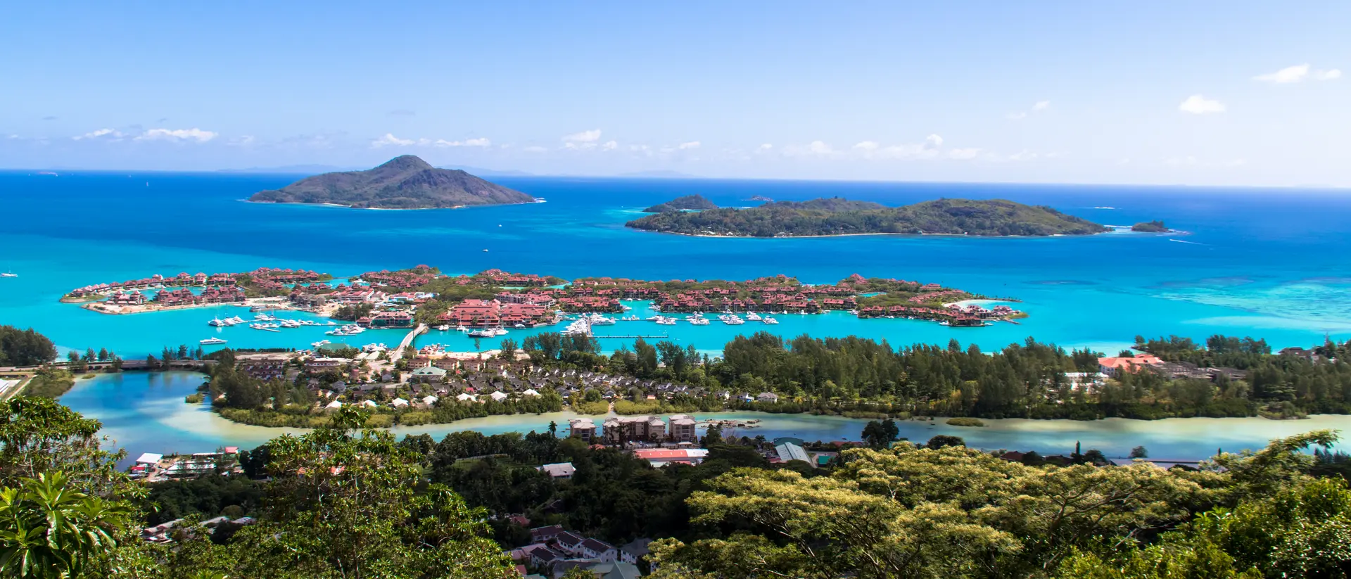 Overlook of Eden Island and Saint-Anne Marine National Park in Victoria, Seychelles