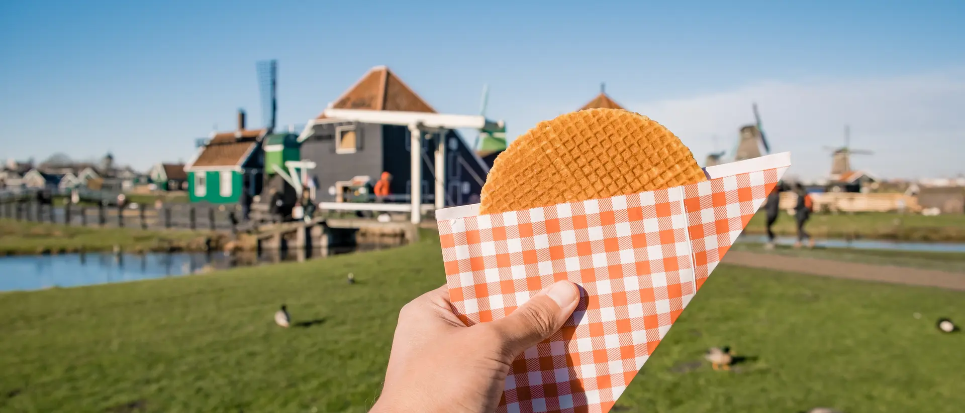 A hand holds a waffle cone with a round pastry, set against a scenic view of a green park and colorful buildings.