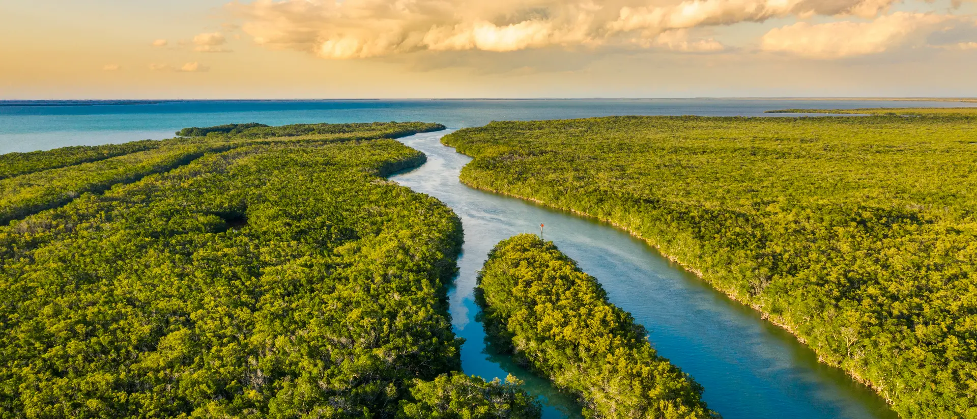 Florida Landscape with an aerial view of wetlands in Everglades National Park at sunset