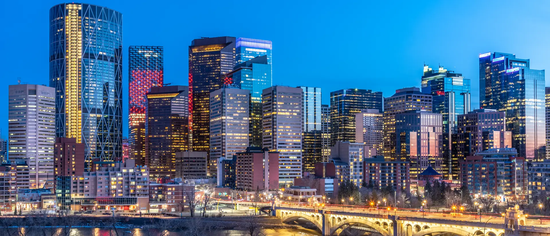 Calgary, Alberta View of the city skyline with centre street bridge in the foreground.