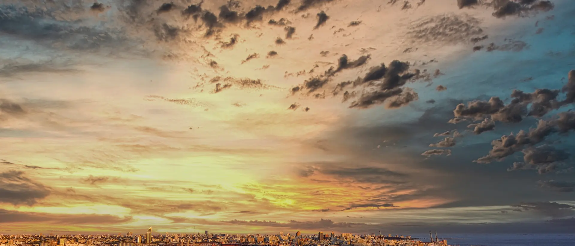 Panoramic view of Montevideo from Fortaleza General Artigas with a beautiful sunset sky