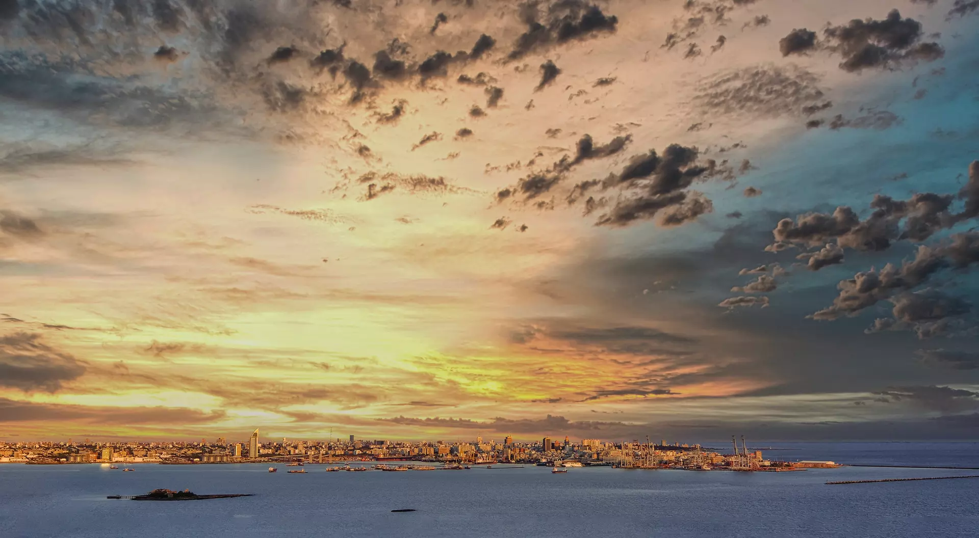 Panoramic view of Montevideo from Fortaleza General Artigas with a beautiful sunset sky