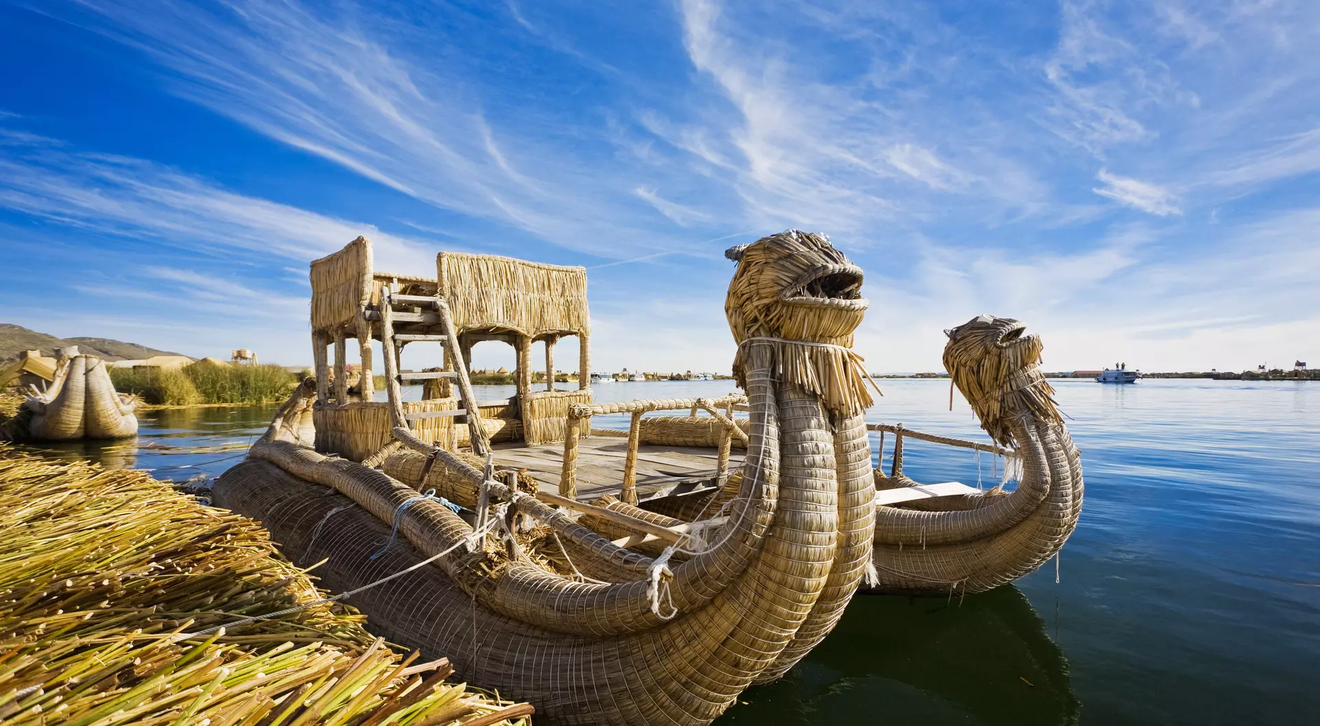 Lake Titicaca Reed boats moored on the coastline