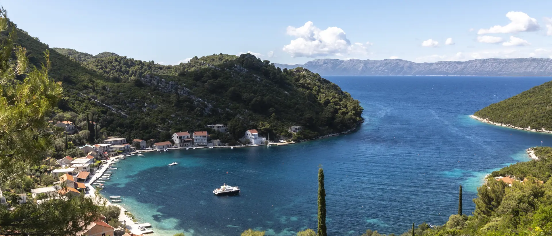Rural village nestled on bay surrounded by blue waters