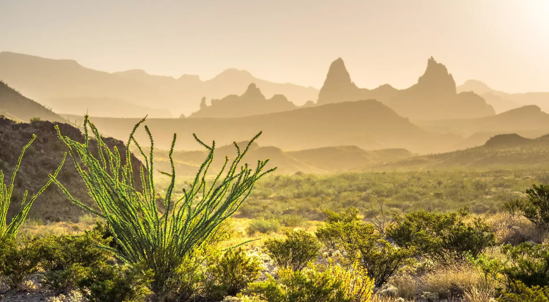 Big Bend National Park Sunrise above the Mule Ears stone formation in Big Bend National Park, Texas