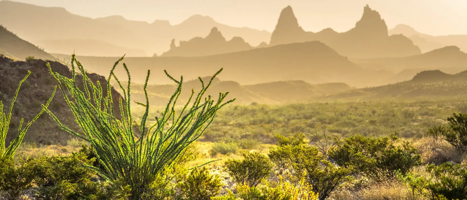 Sunrise above the Mule Ears stone formation in Big Bend National Park, Texas