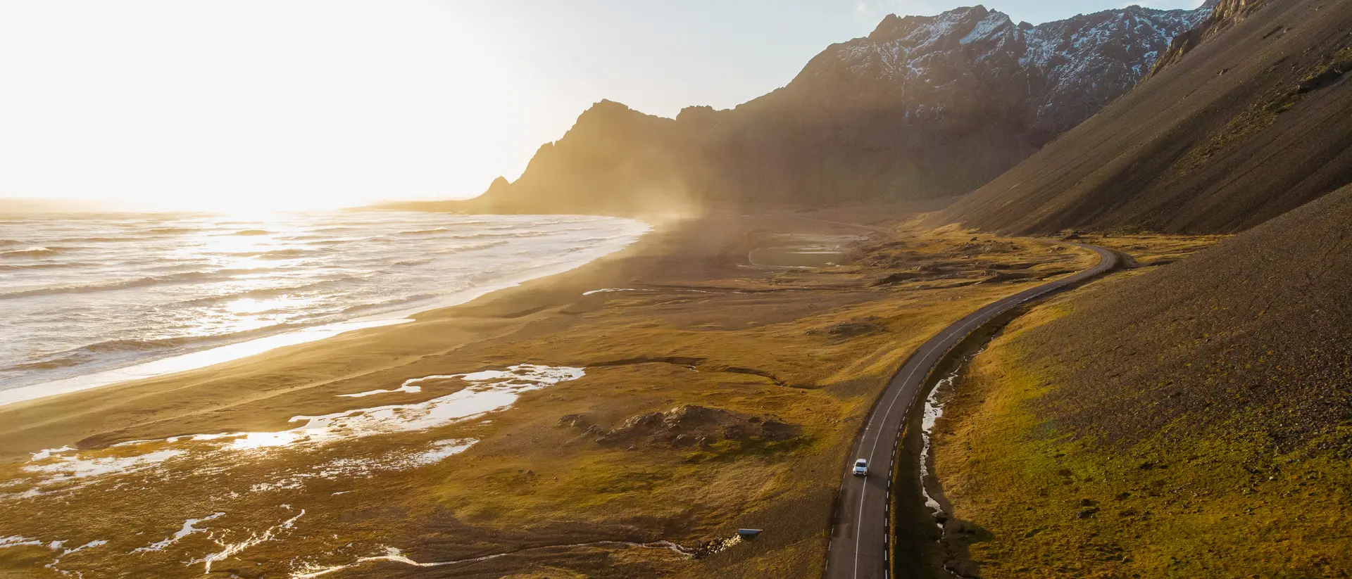 Aerial view of a car driving on scenic road in Iceland