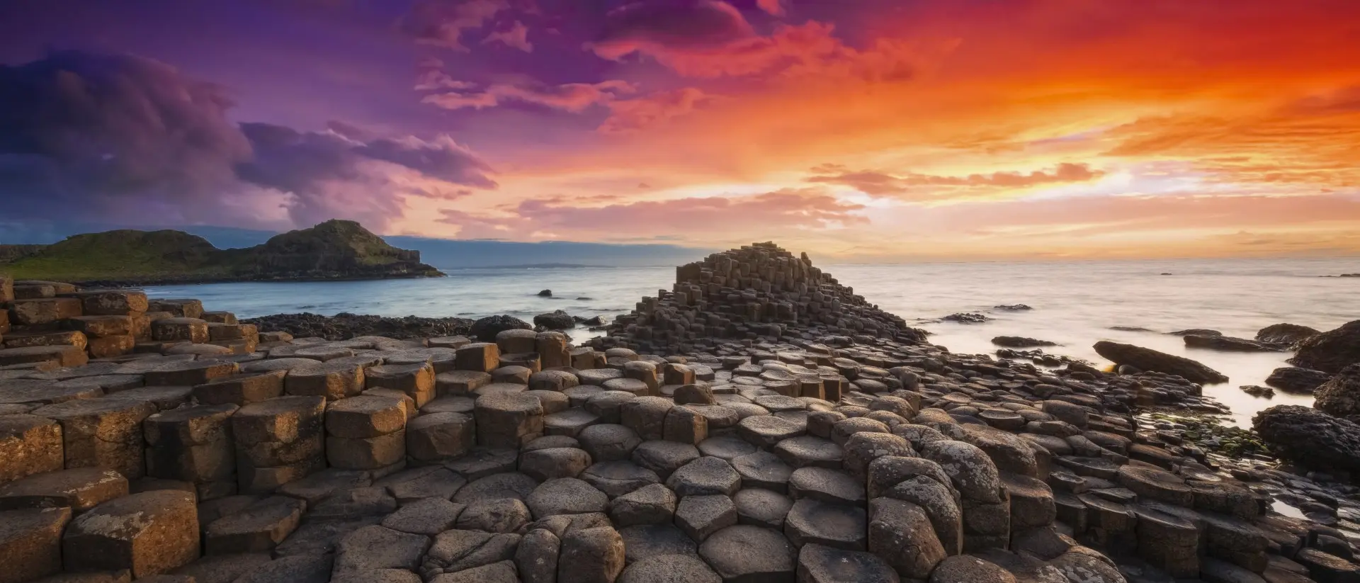 Colourful sunset at the Giant's Causeway Northern Ireland