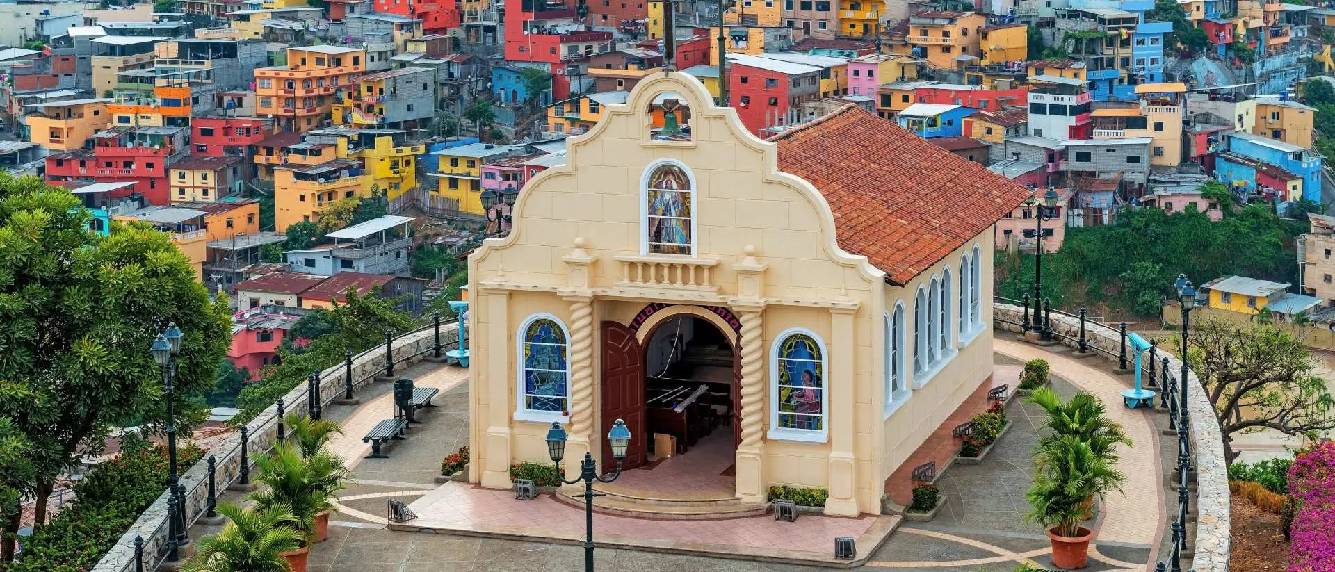 Santa Ana Hill Cityscape of Santa Ana Hill Church with colorful colonial housing, Las Penas district, Guayaquil, Ecuador