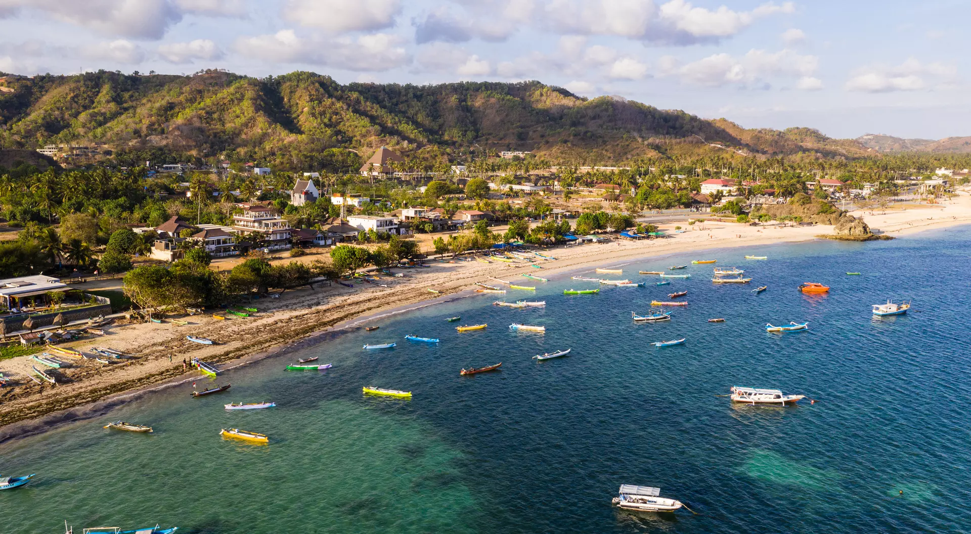Aerial view of the Kuta beach and fisherman boats in south Lombok
