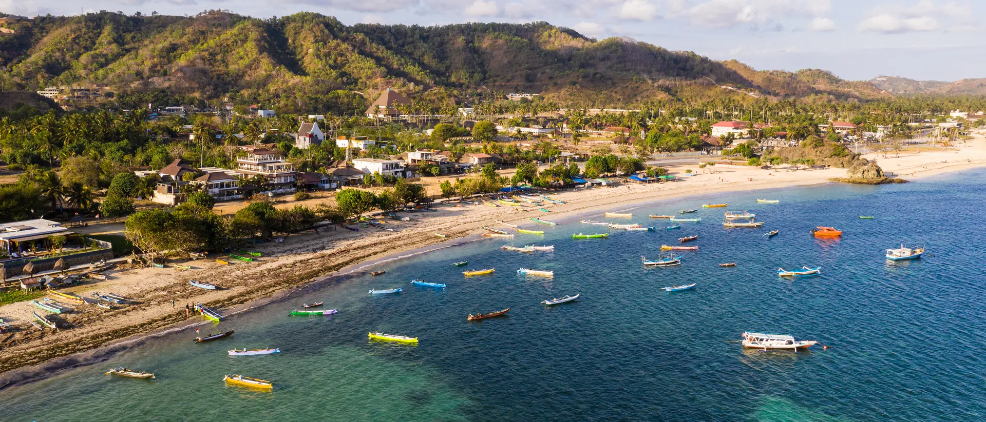 Aerial view of the Kuta beach and fisherman boats in south Lombok
