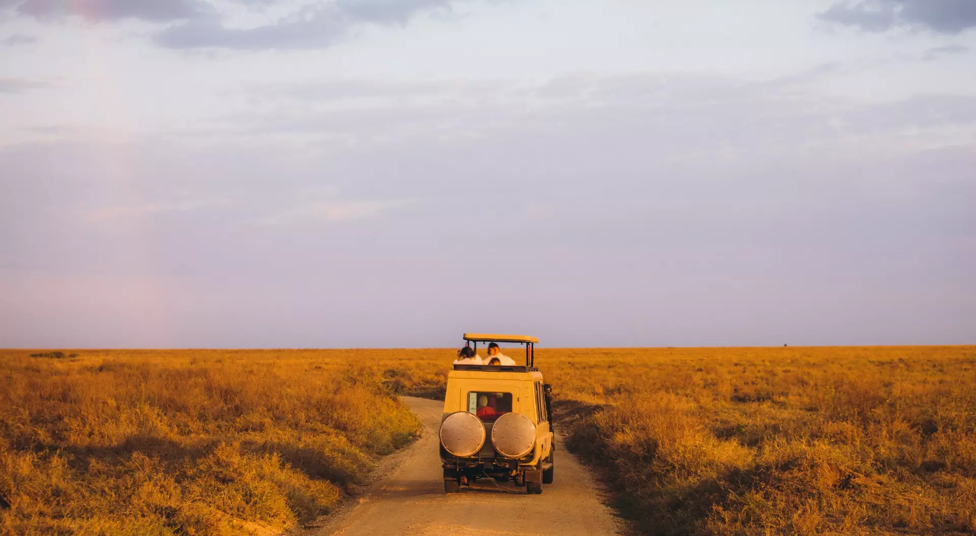 A safari vehicle drives along a dirt road in an open grassland at sunset, with a colorful sky overhead.