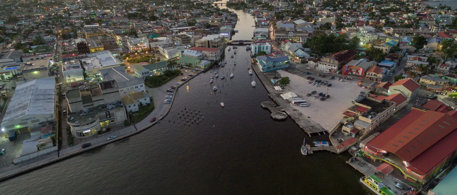 Belize City Evening sunset cityscape of Belize City with Caribbean Sea in background