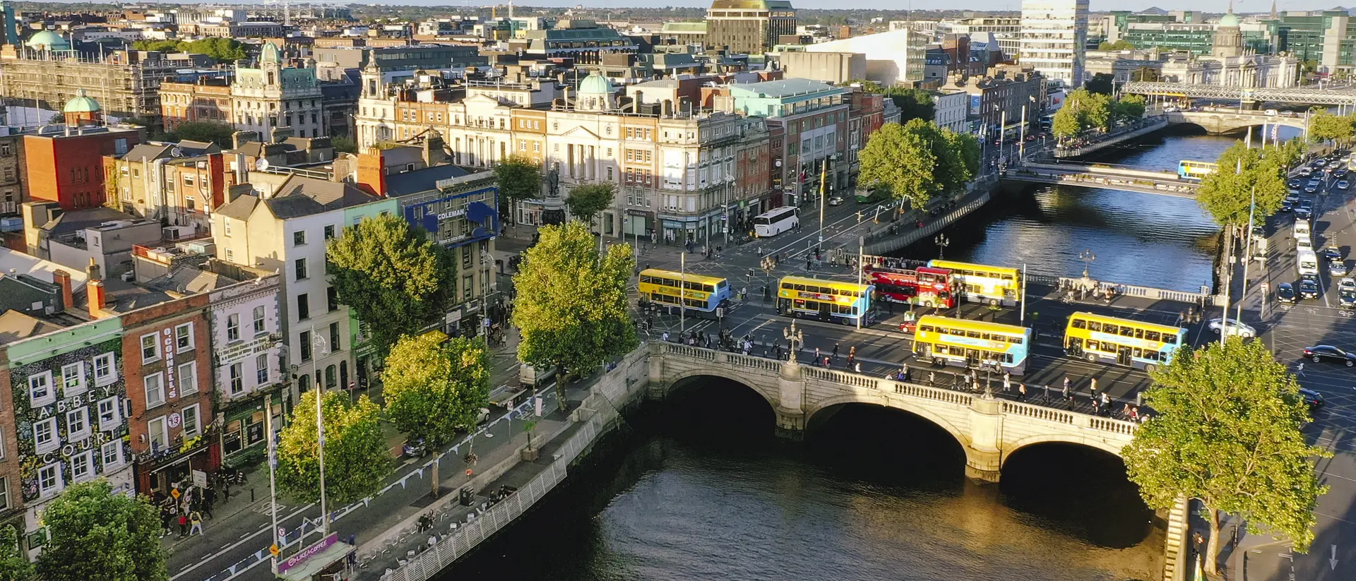 Aerial view of Liffey river and O'Connell bridge during sunset