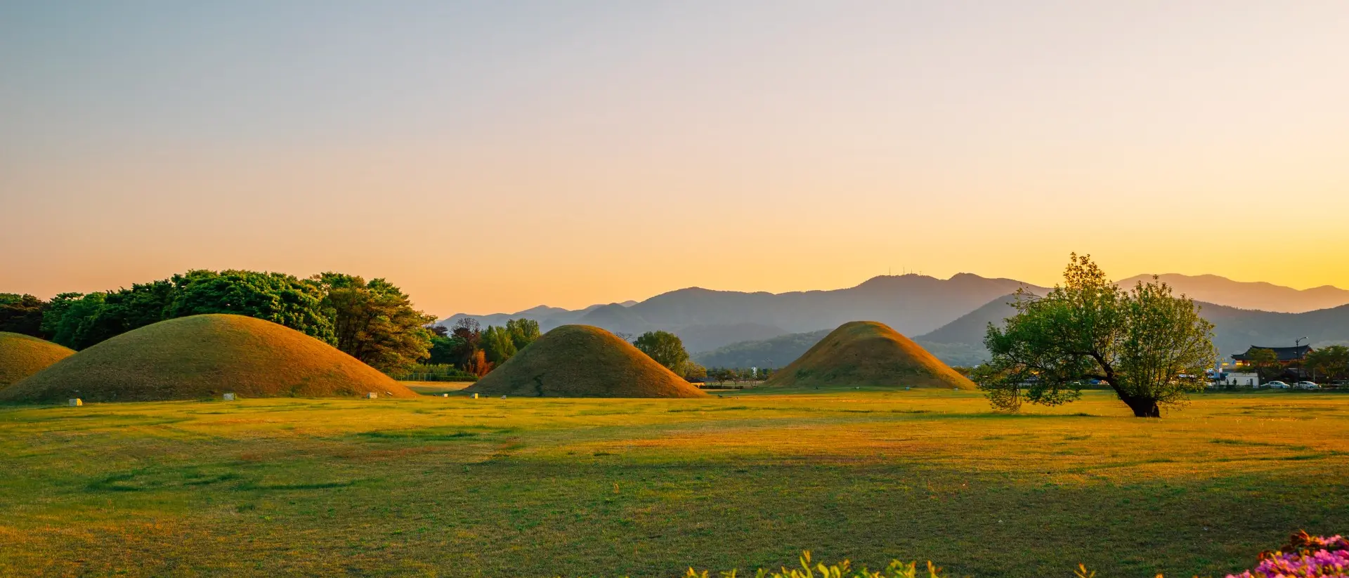 Daereungwon Tomb Complex Sunset view of Gyeongju Daereungwon Tomb Complex grass mounds in Gyeongju, Korea