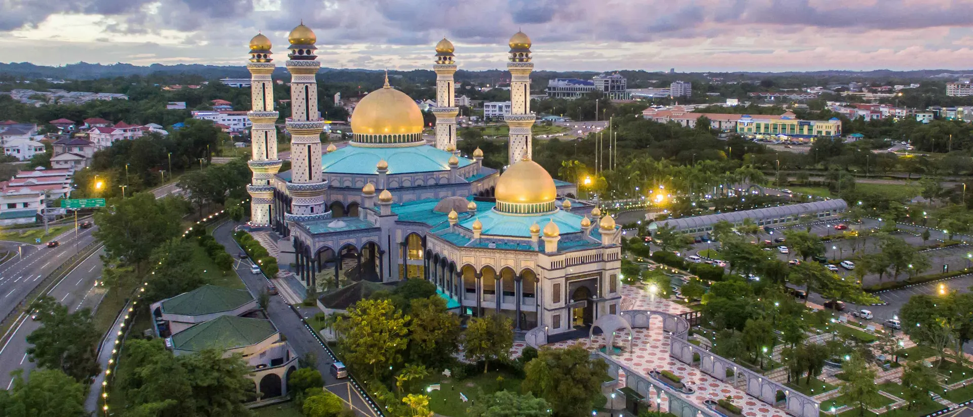 Aerial view of Jame' Asr Hassanil Bolkiah Mosque with 29 golden domes to honor the 29th Sultan of Brunei