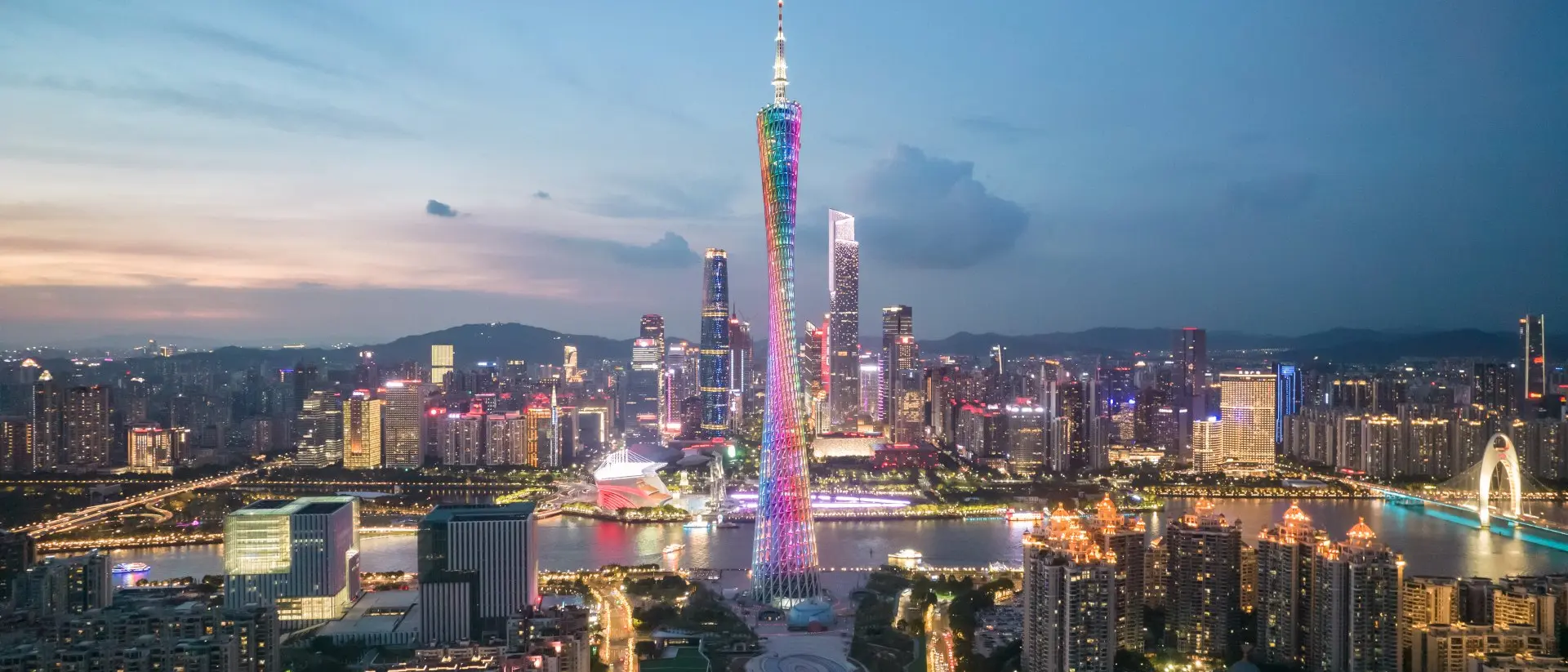 Canton Tower Evening lights view of Guangzhou including Canton Tower along the Pearl River