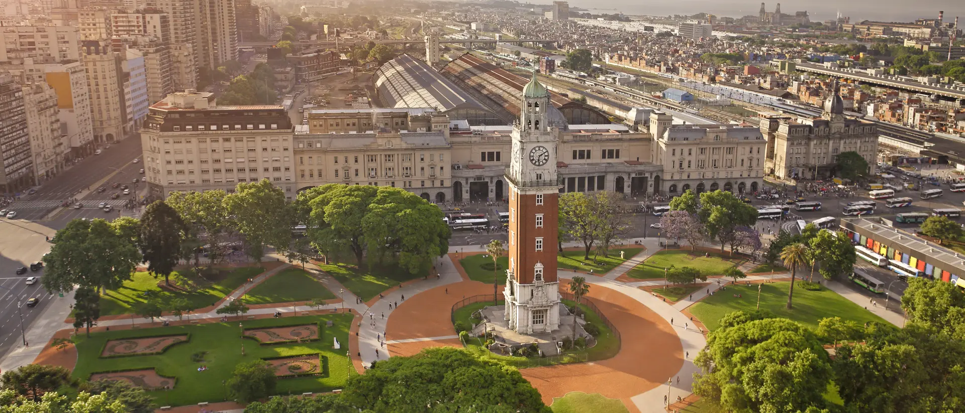 Plaza Fuerza Aérea Aerial view of Torre Monumental (English Clock Tower) in Plaza Fuerza Aérea Argentina and the Retiro Railway Statio