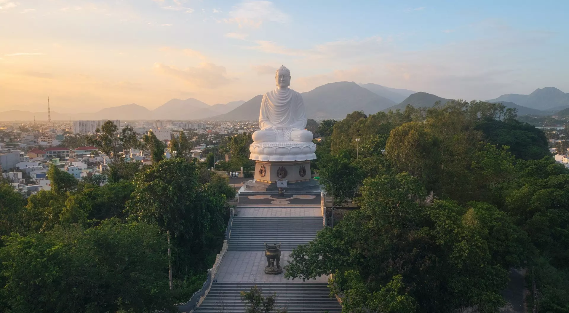 Aerial view of White Buddha statue on Long Son pagoda in Nha Trang city, Khanh Hoa province, central Vietnam