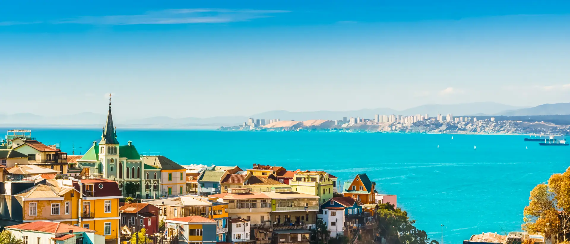 View of historical port city of Valparaiso along the coast