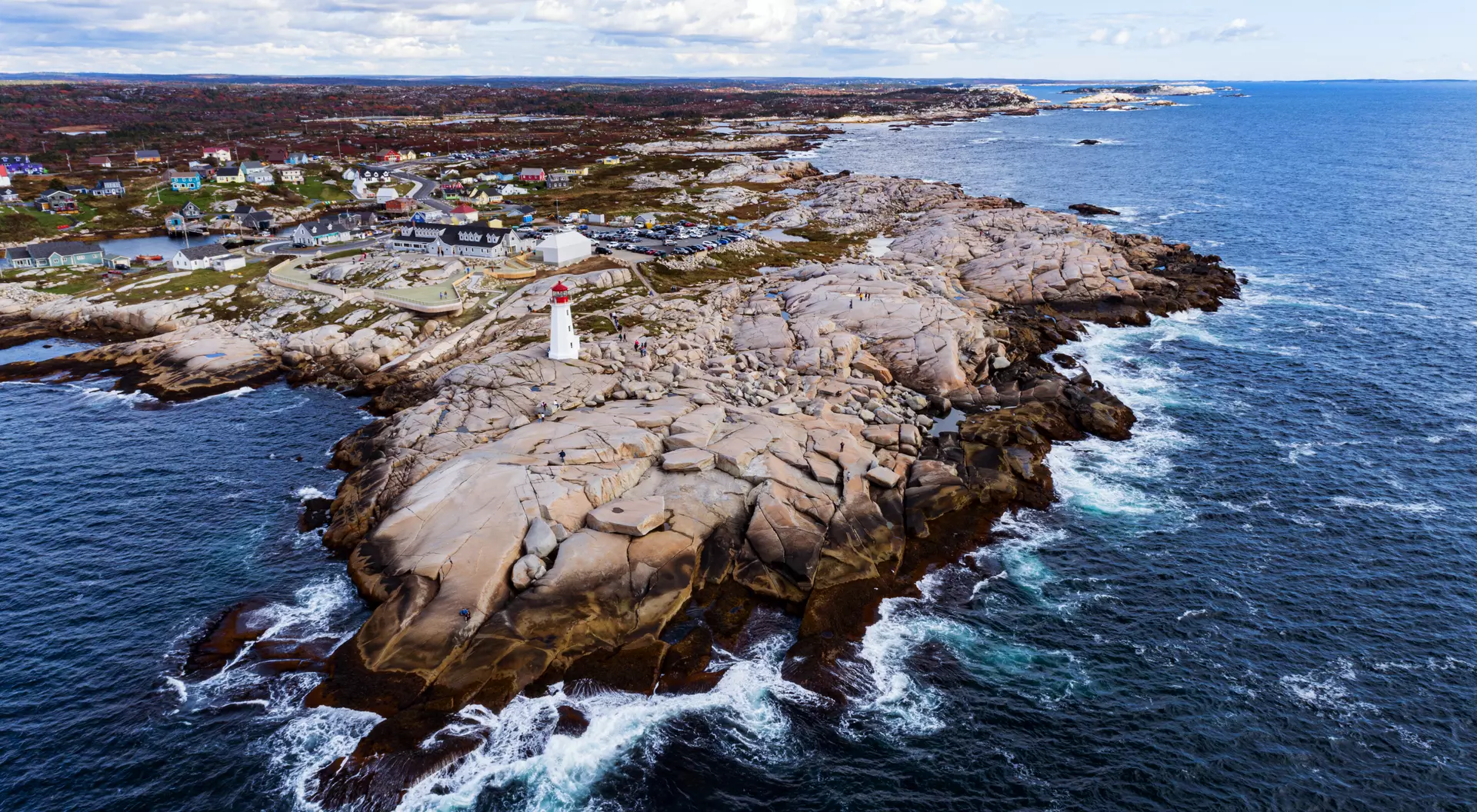 "Aerial drone view of Peggy's Cove Lighthouse"