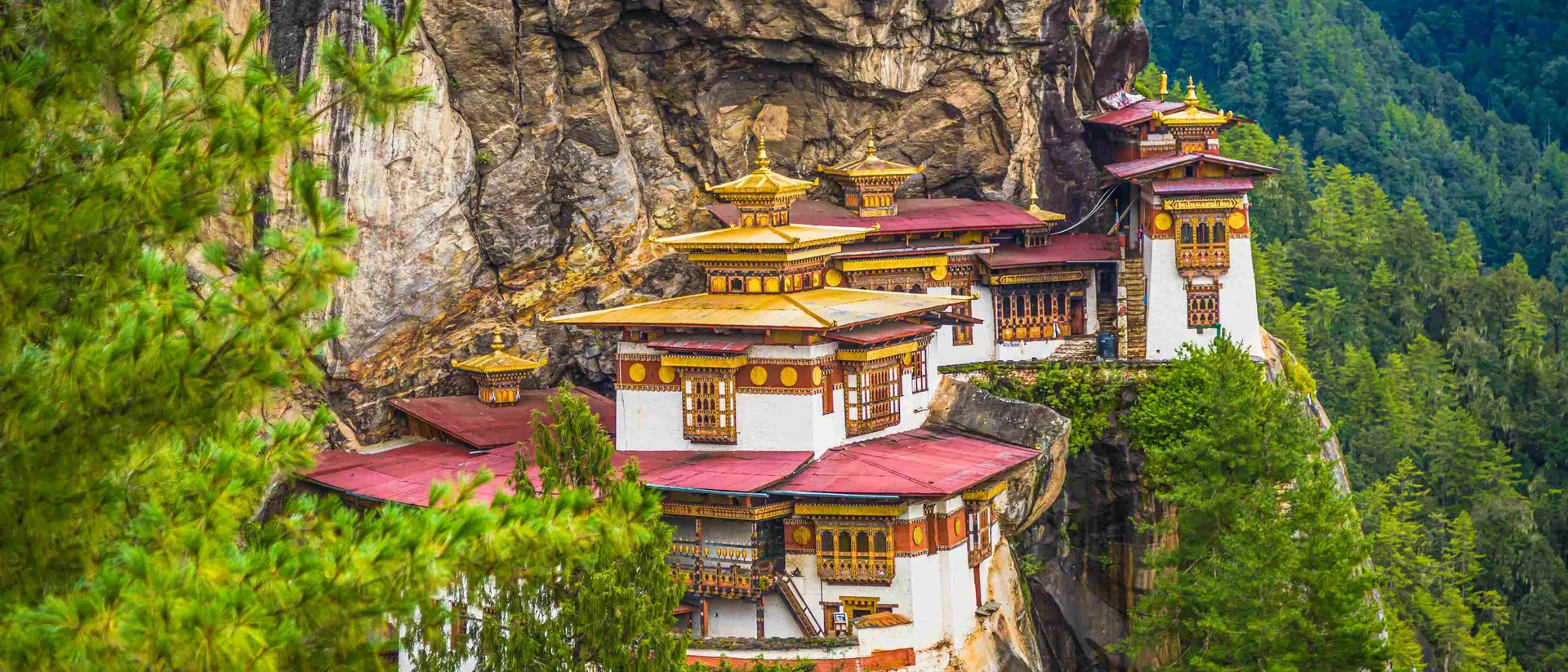 View of the Tiger's Nest monastery also known as the Paro Taktsang and the surrounding area in Bhutan