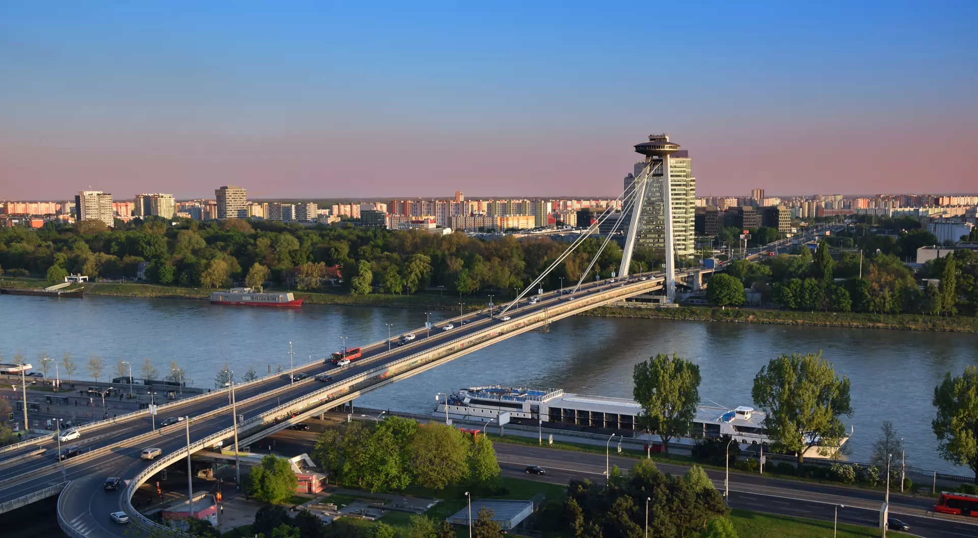 Danube River View on New bridge over Danube river from castle hill