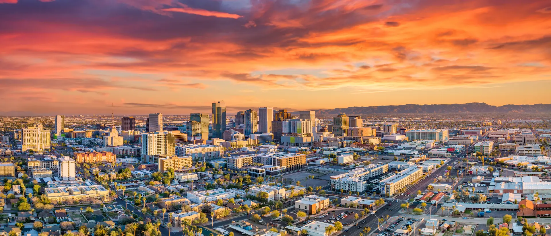 Downtown Skyline Aerial taken at sunset.