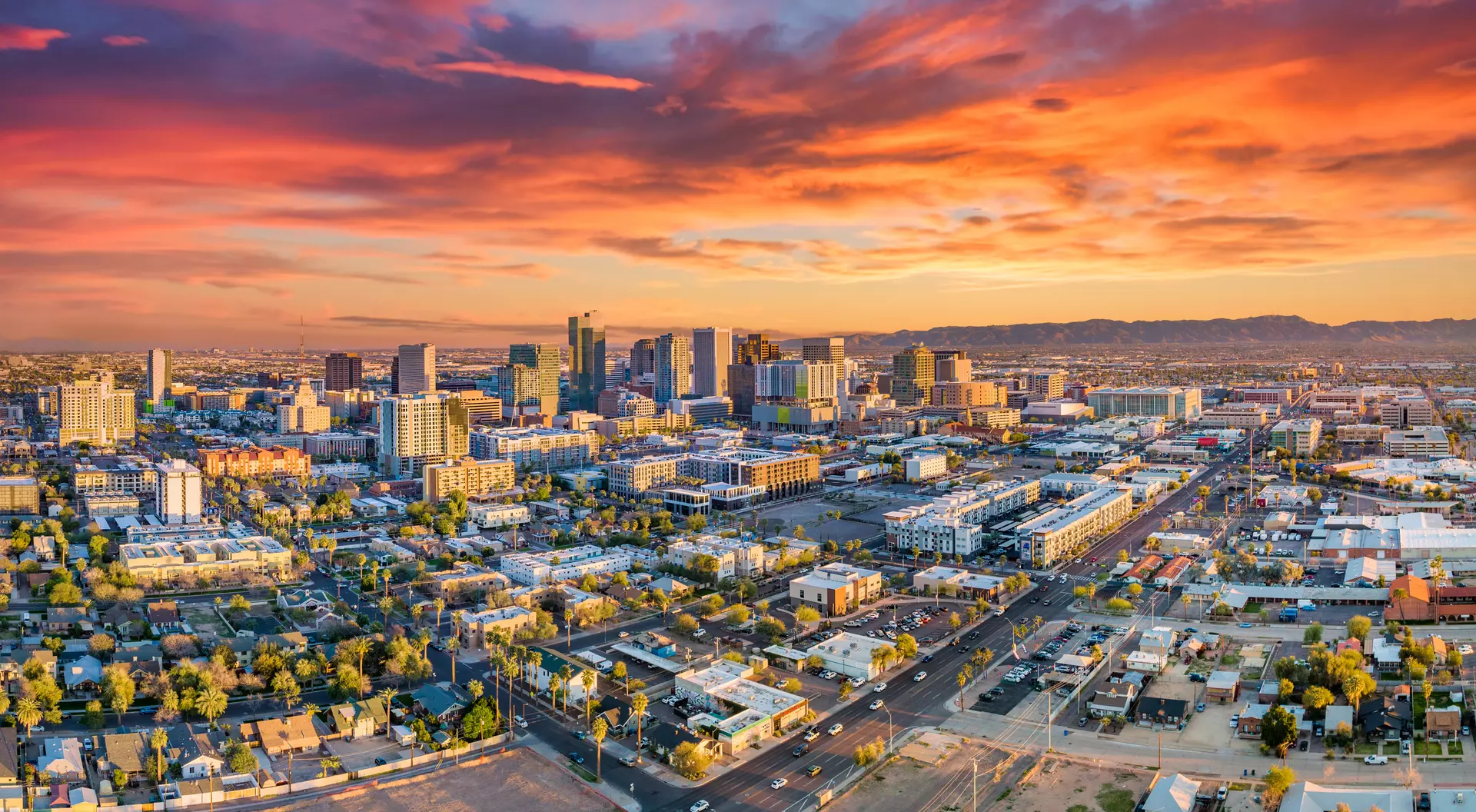 Phoenix, United States Downtown Skyline Aerial taken at sunset.