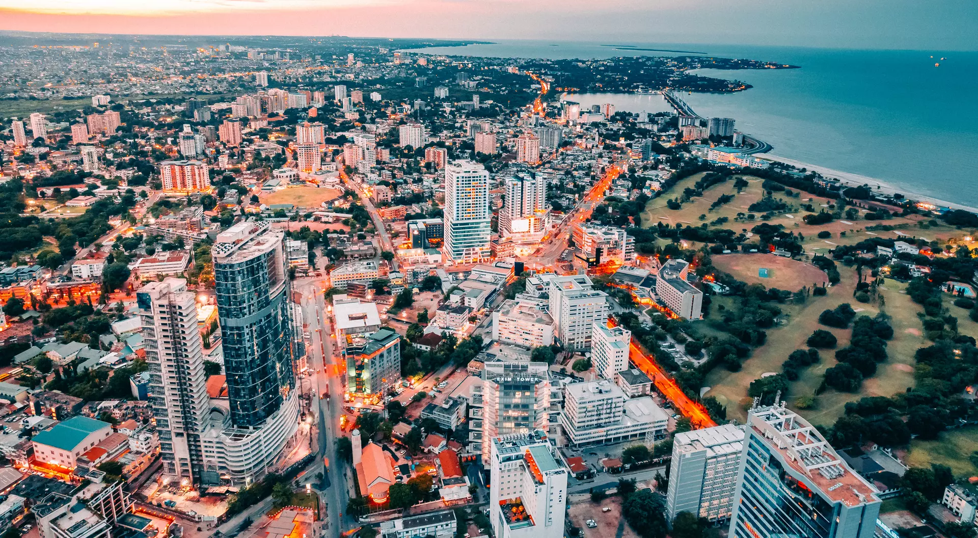Dar Es Salaam A Drone shot of the capital city of Tanzania, Dar es salaam, view from above. The Brand. Found in East Africa. The city centre located in Posta showing ocean view and the whole city