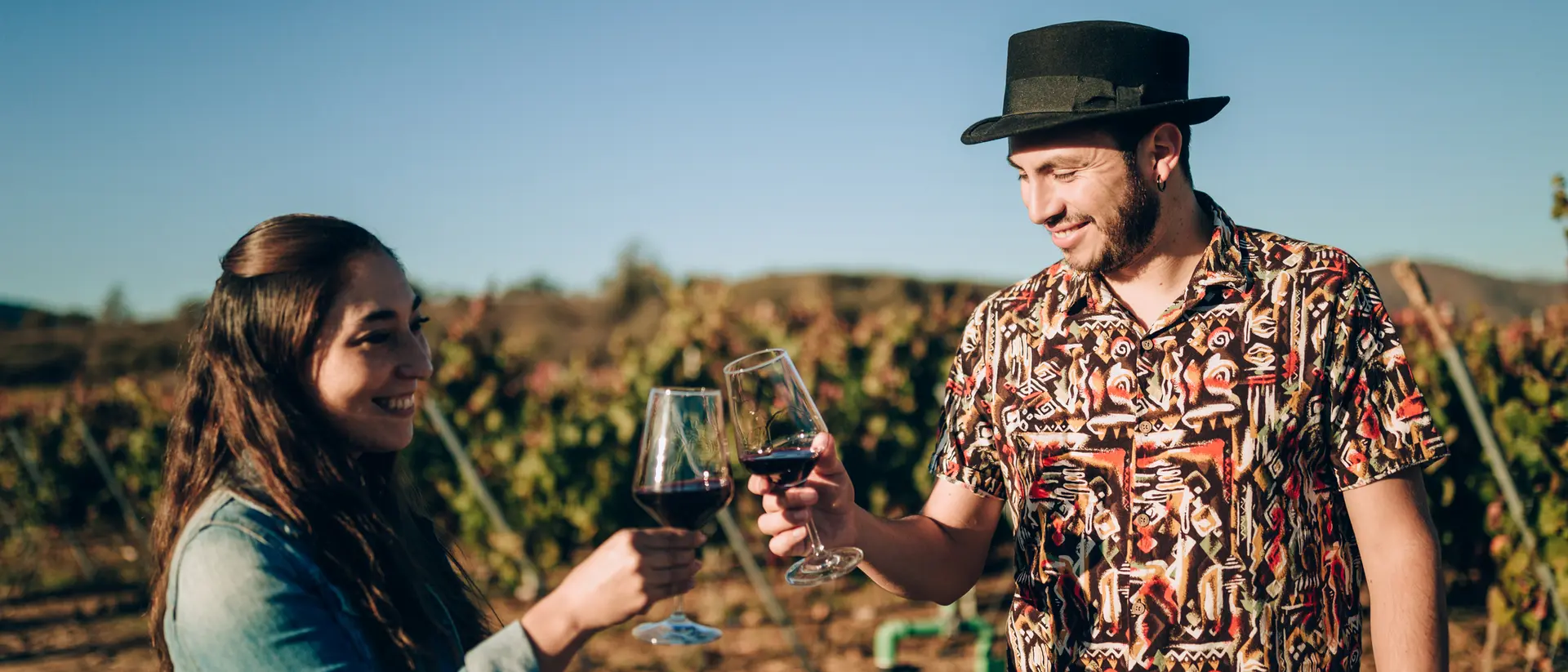 A man and woman clink their wine glasses together in a vineyard, smiling against a clear blue sky.