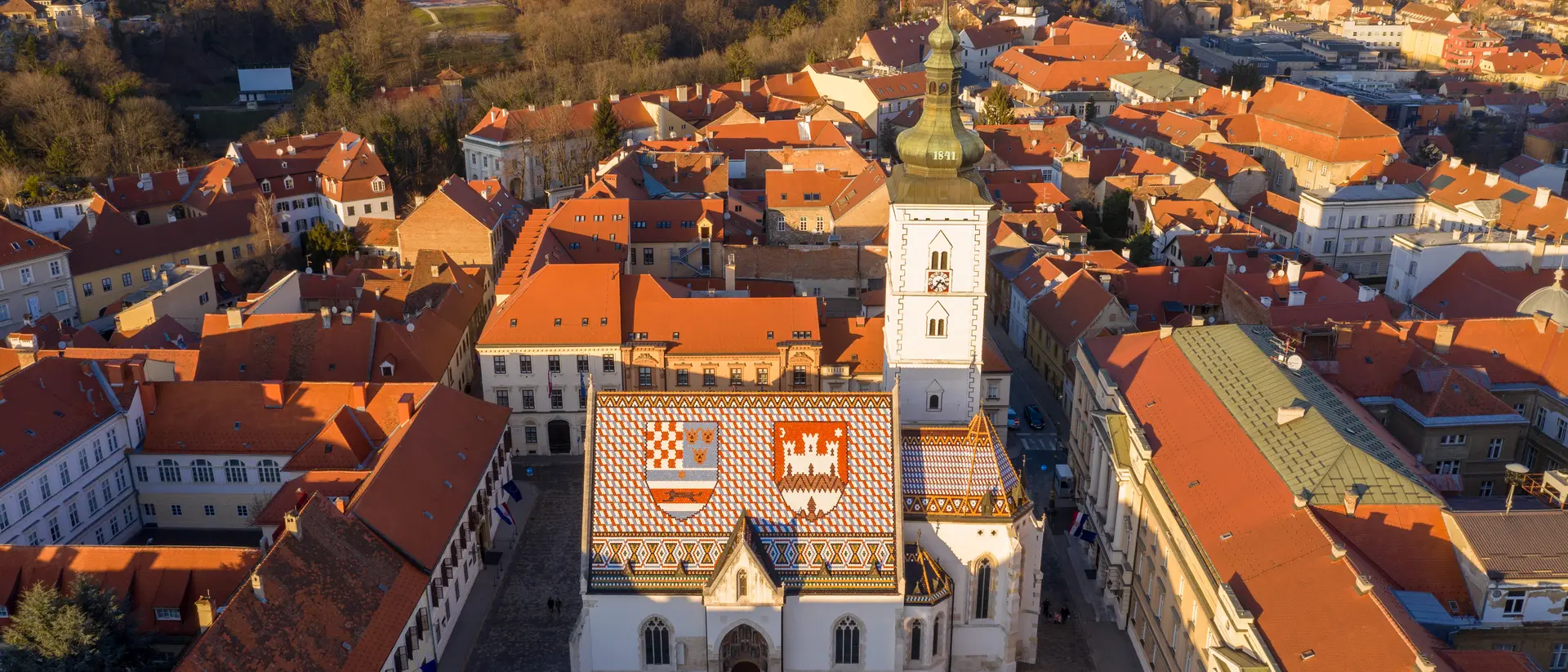 Aerial view at sunset St. Mark's Church in Zagreb