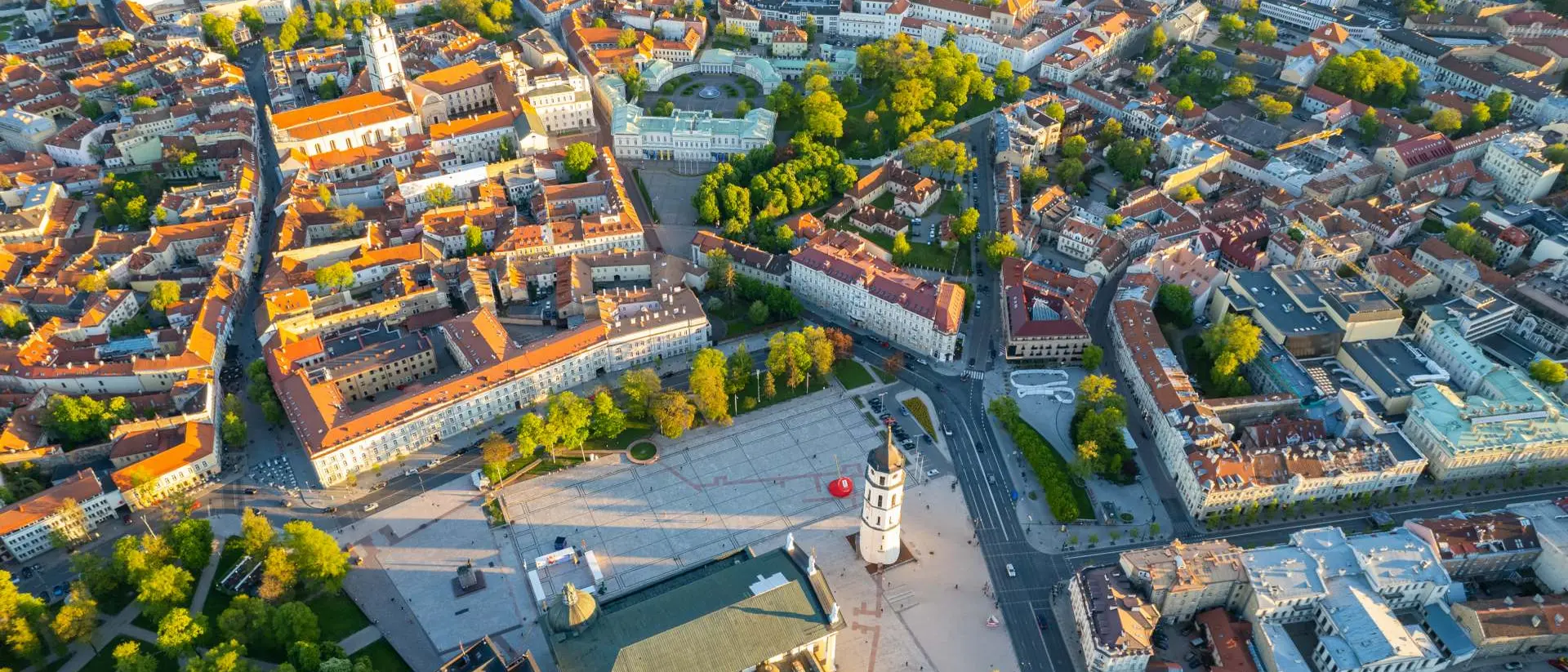 Aerial spring evening view in sunny Vilnius old town