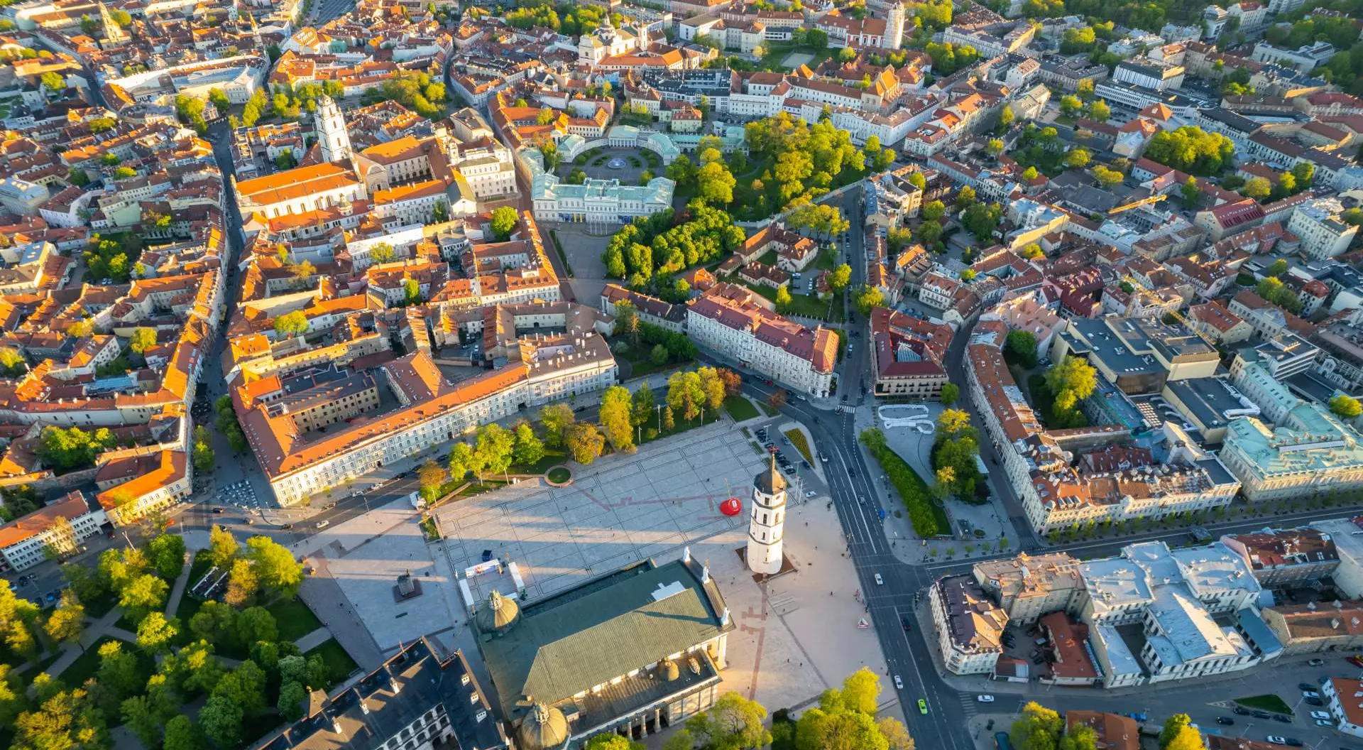 Aerial spring evening view in sunny Vilnius old town