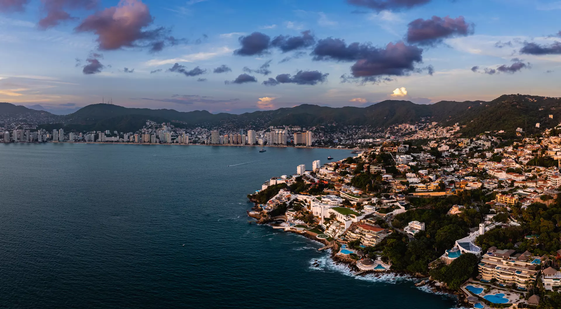 Acapulco de Juárez Aerial view of the sunset in the Bay of Acapulco from the Las Brisas area