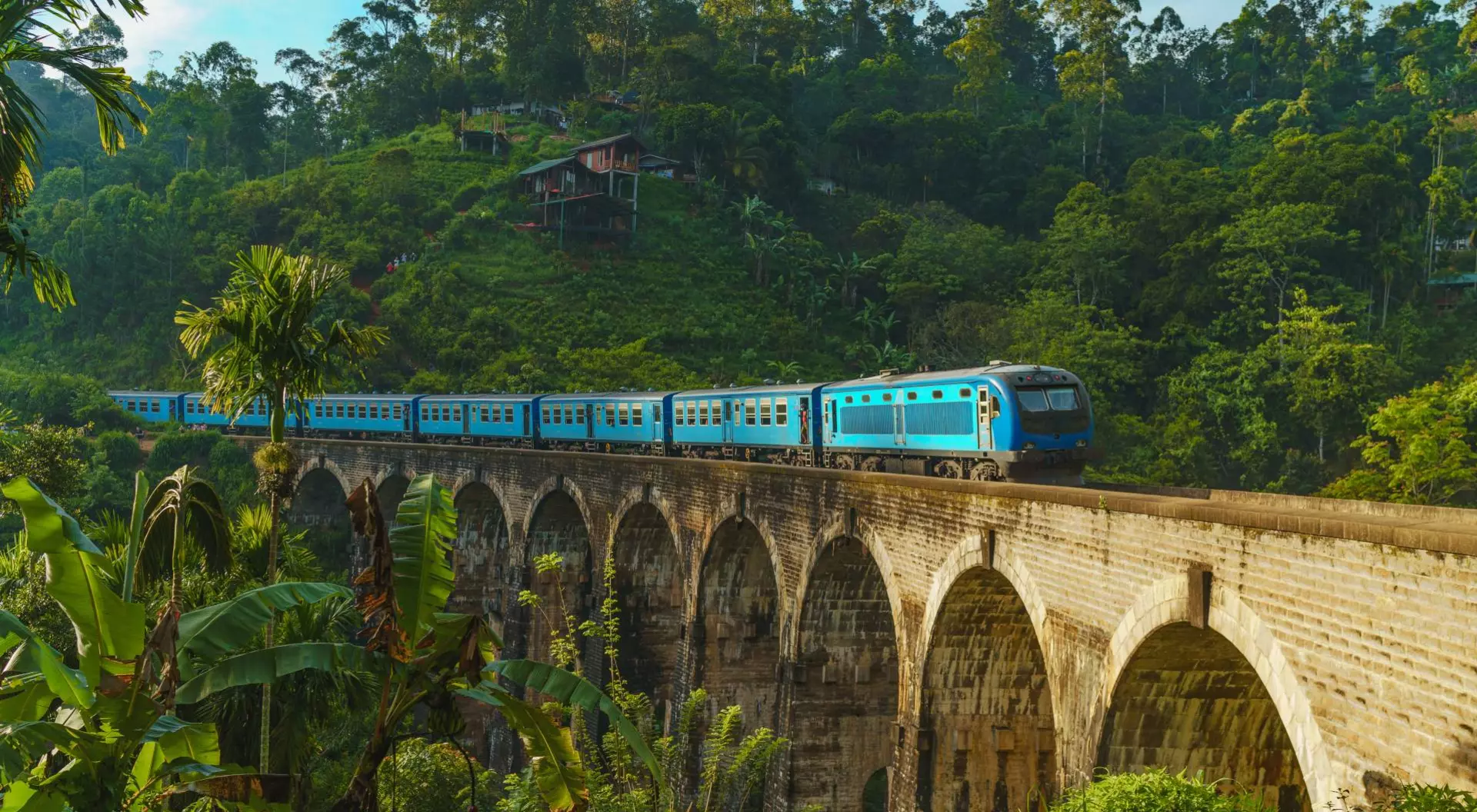 Iconic train passing over Nine Arch Bridge in Demodara, Ella, Sri Lanka