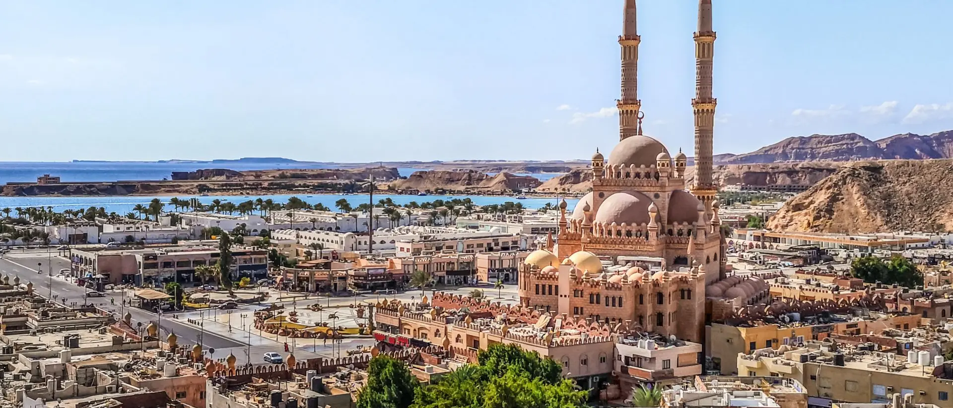 Sharm el Sheikh Top view of the old town of Sharm El Sheikh, Egypt. Beautiful cityscape with exotic egyptian architectures and Al Sahaba Mosque against the backdrop of the Red Sea