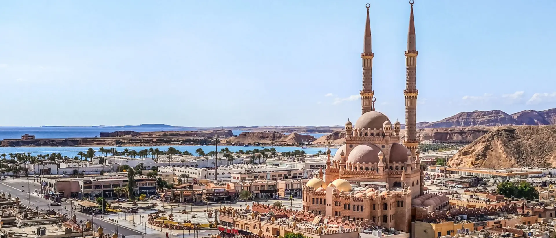 Sharm el Sheikh Top view of the old town of Sharm El Sheikh, Egypt. Beautiful cityscape with exotic egyptian architectures and Al Sahaba Mosque against the backdrop of the Red Sea