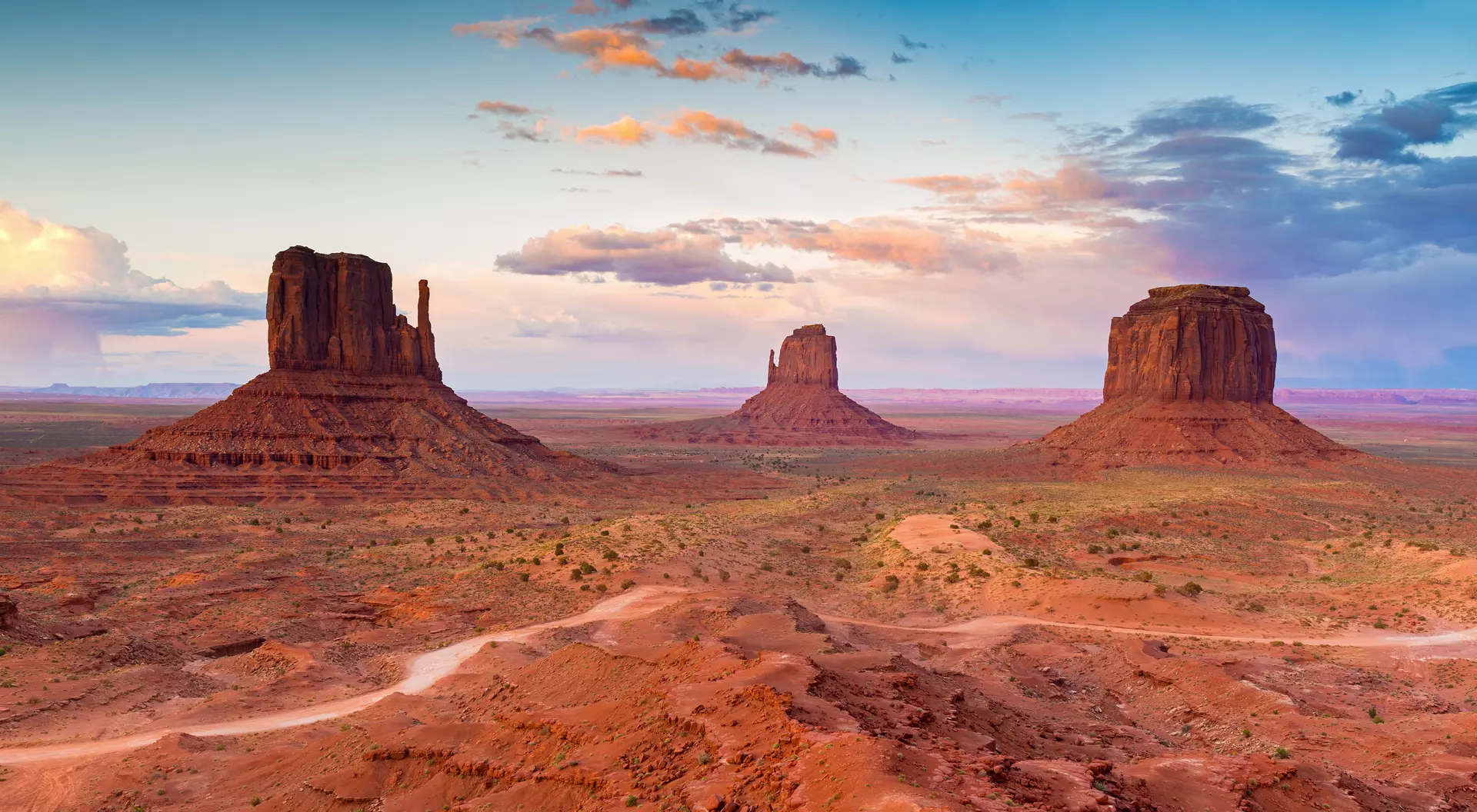 Monument Valley, Utah Wide angle panoramic view of the rock formations and desert