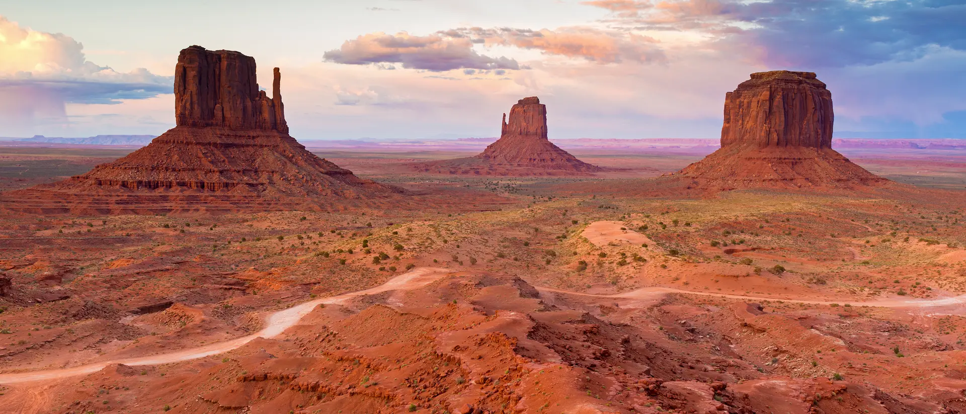 Wide angle panoramic view of the rock formations and desert