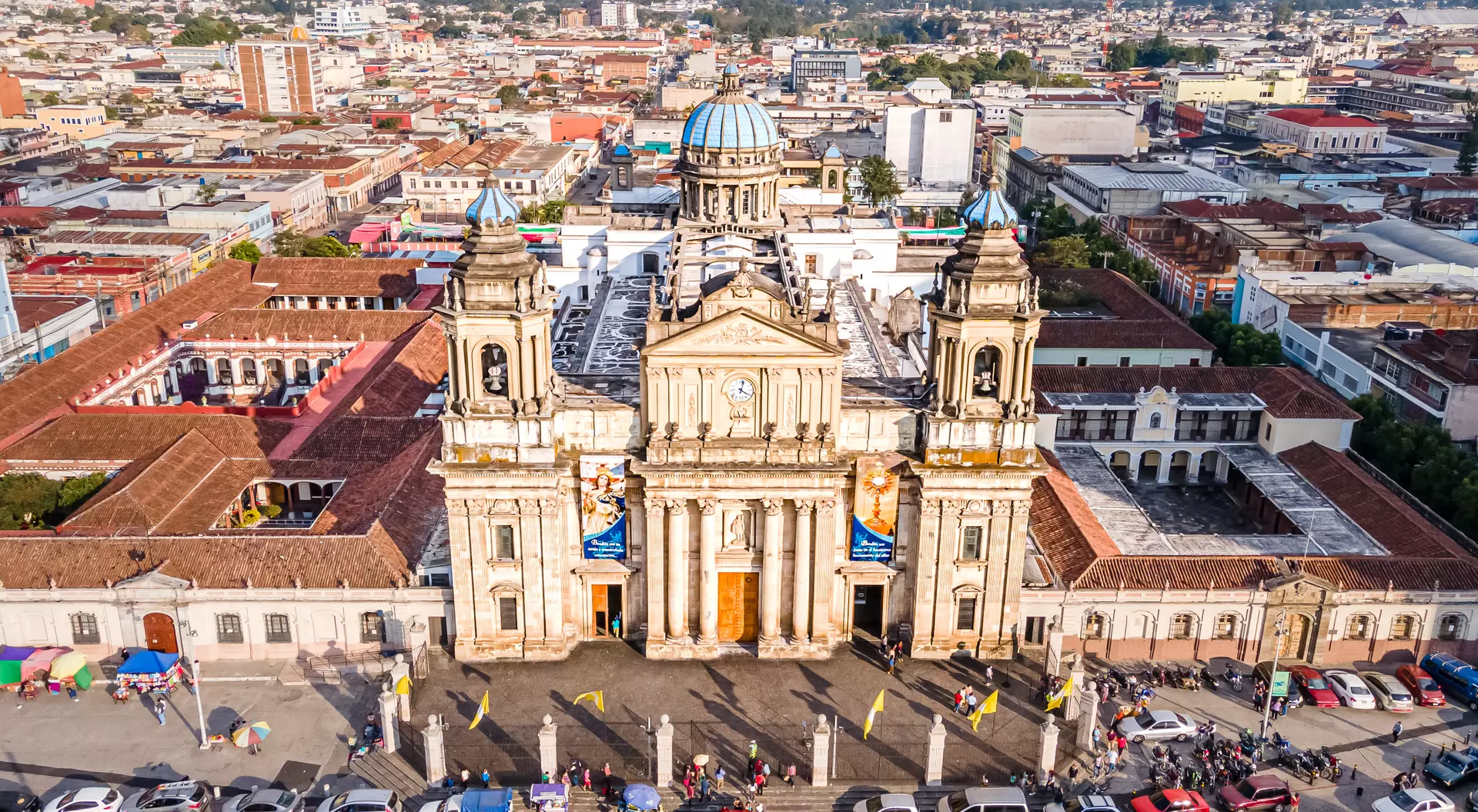 Metropolitan Cathedral of Santiago Beautiful aerial view of Guatemala City - Catedral Metropolitana de Santiago de Guatemala, the Constitution Plaza in Guatemala
