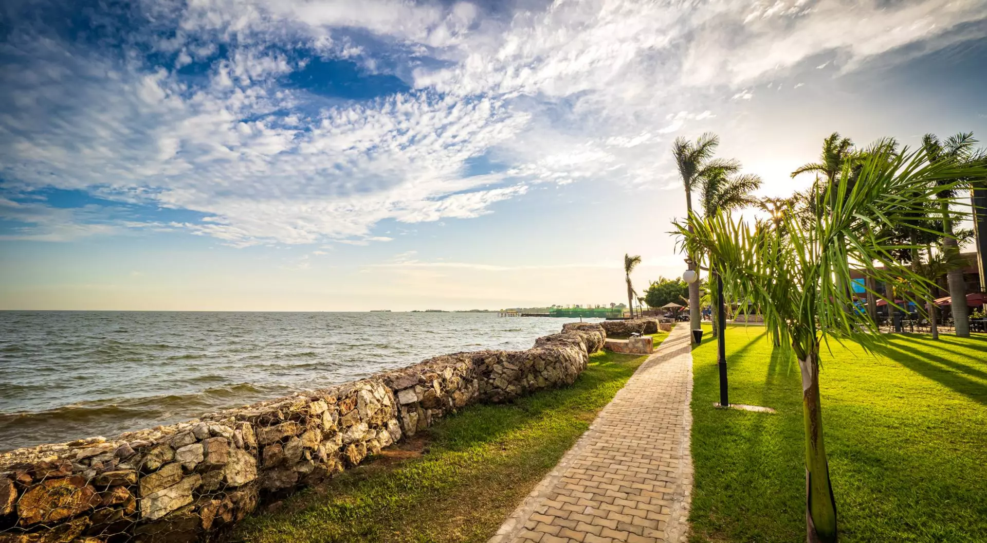 Lake Victoria, Entebbe, Uganda Sun setting behind tropical palm trees, drawing warm shadows on the meadow next to the shoreline of Lake Victoria. A pedestrian walkway leading the way along the shore
