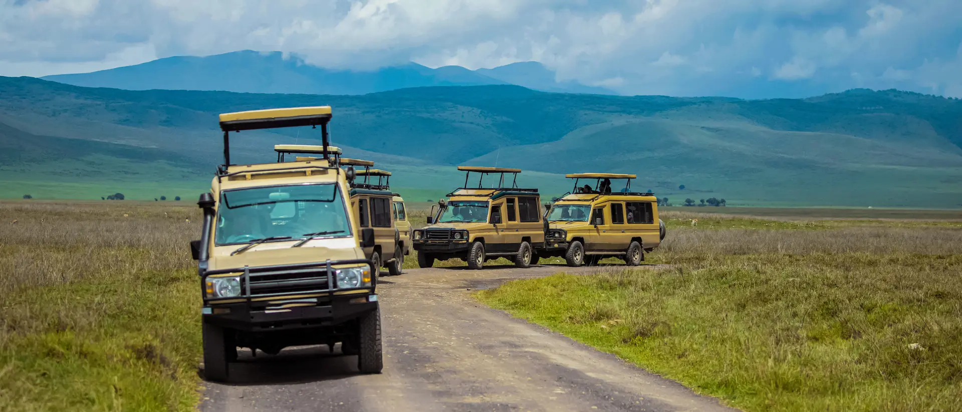 Five safari vehicles parked on a dirt path in a grassy landscape with mountains in the background.