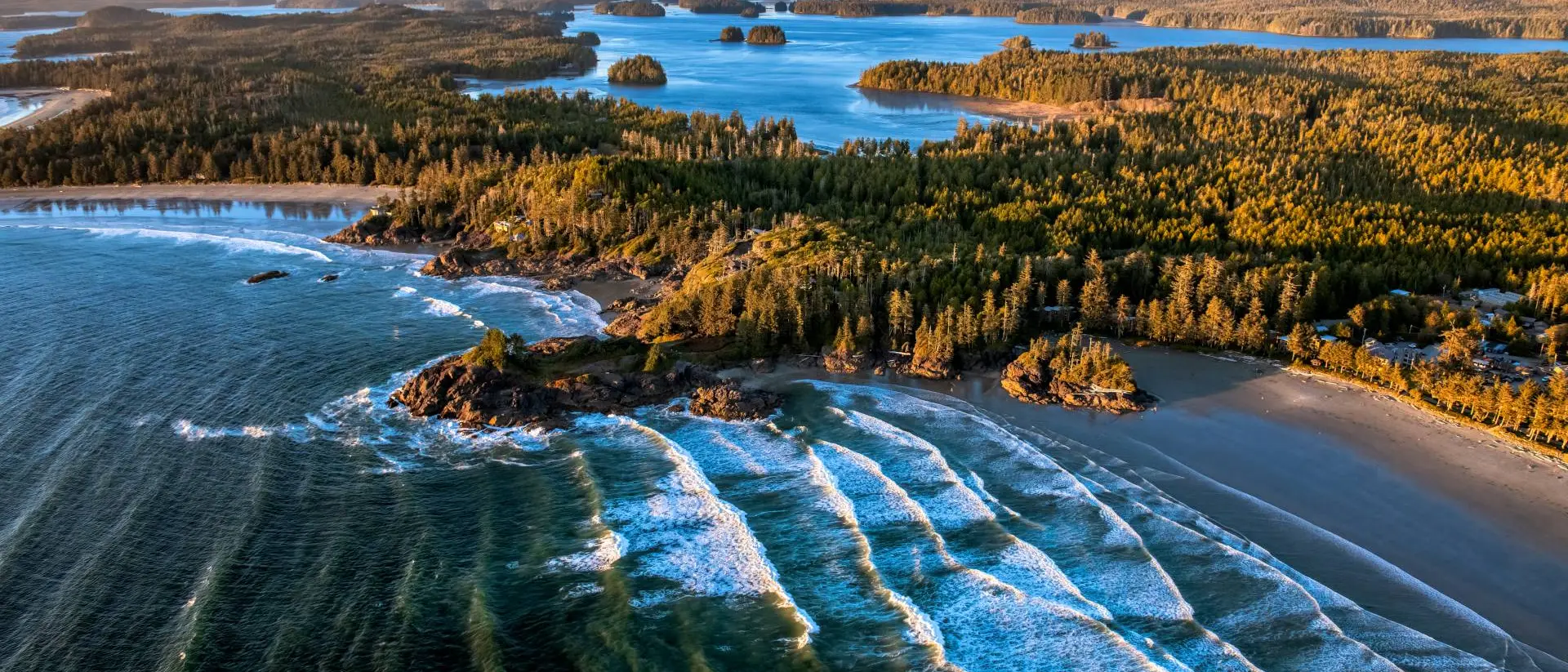 Aerial shot of Cox Bay Beach, Tofino, BC