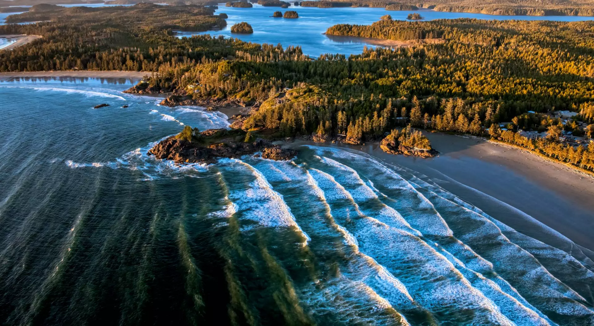 Tofino, British Columbia Aerial shot of Cox Bay Beach, Tofino, BC