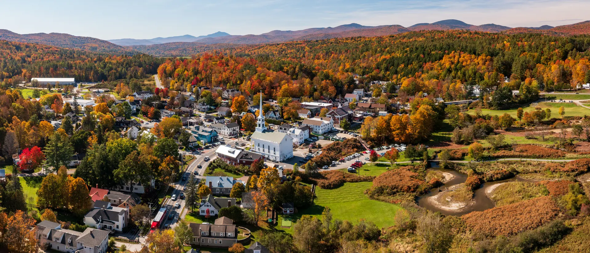 Panoramic aerial view of the town of Stowe in Vermont in the fall