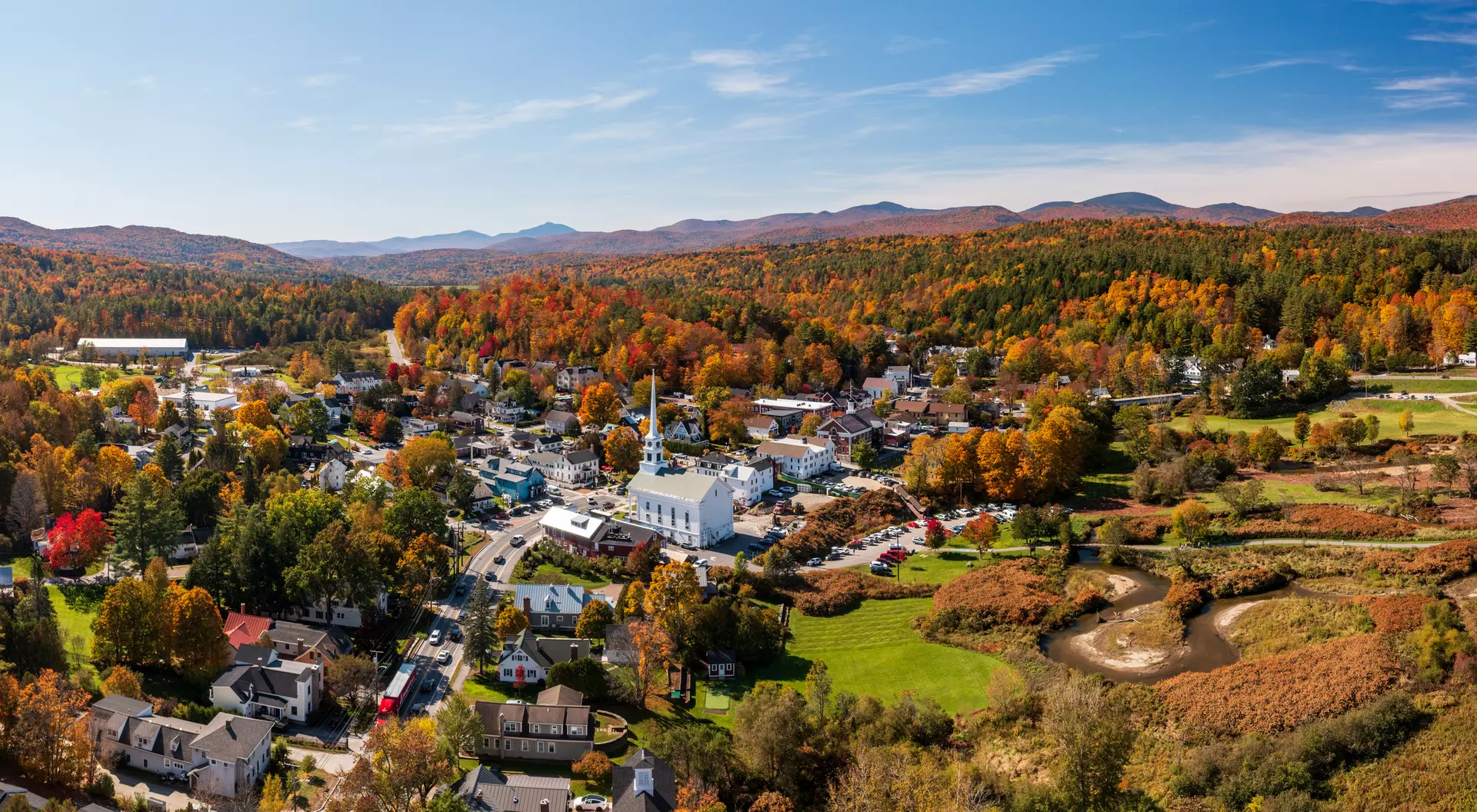 Stowe, Vermont Panoramic aerial view of the town of Stowe in Vermont in the fall