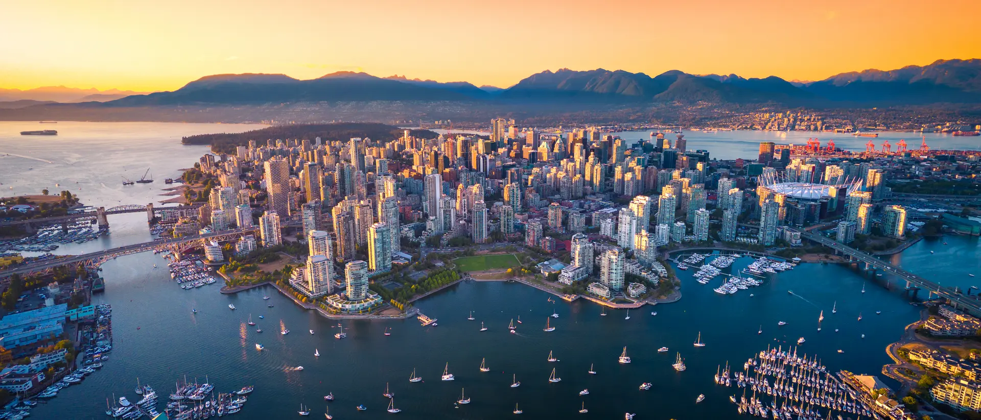 Beautiful aerial view of downtown at sunset